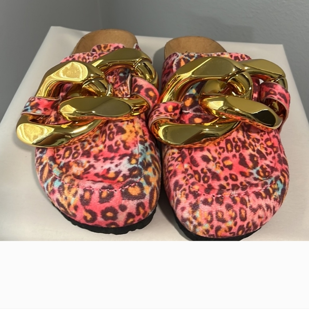New Cape Robbin Colinda Pink Leopard Slip On Big Buckle Gold Slide Mule Sandal - Picture 6 of 10